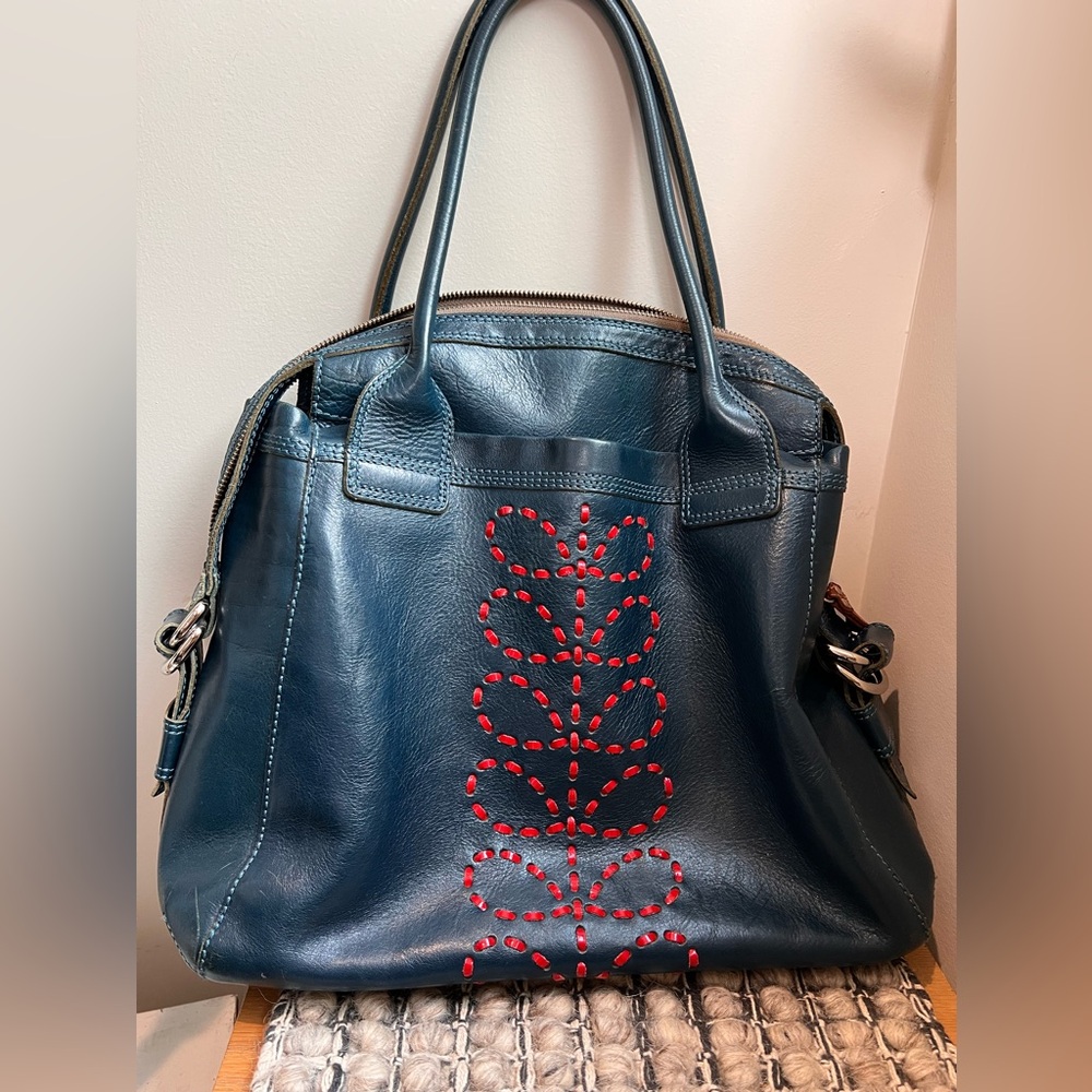 Orla Kiely large blue leather satchel purse tote red embroidery flower - Picture 8 of 14